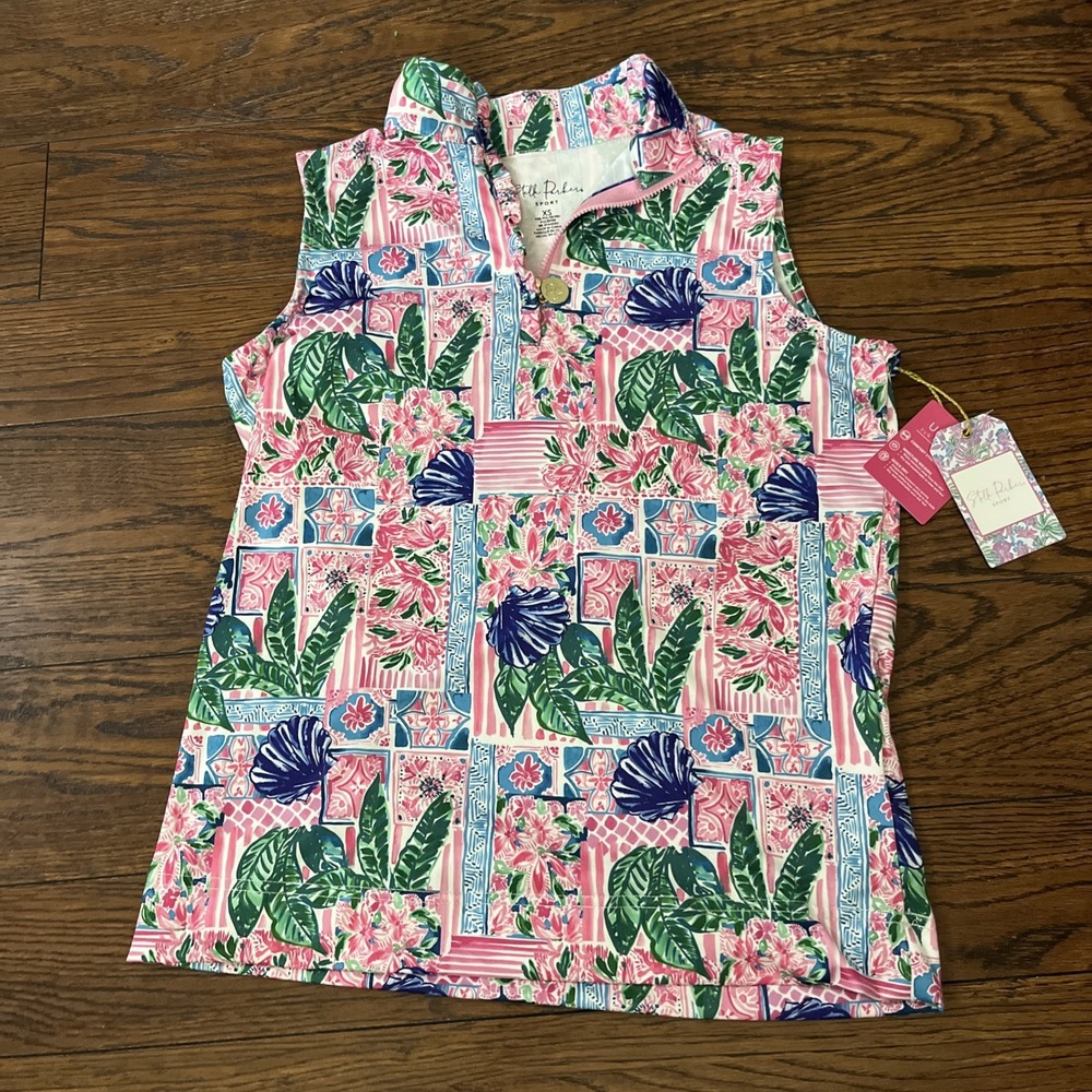 Stella Parker Sport Sleeveless Golf Top XS Tropical Floral Shells Quarter Zip